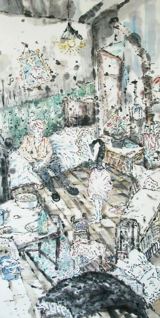 赵盼超《景—人：城市系列二》，水墨，138×69cm