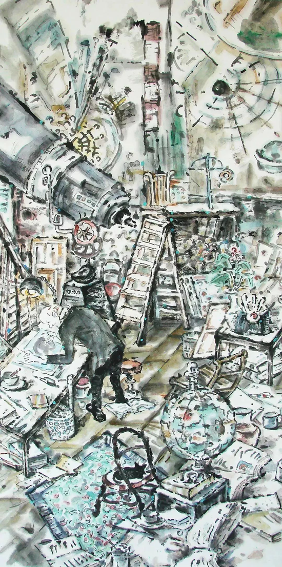 赵盼超《景—人：城市系列三》，水墨， 138×69cm