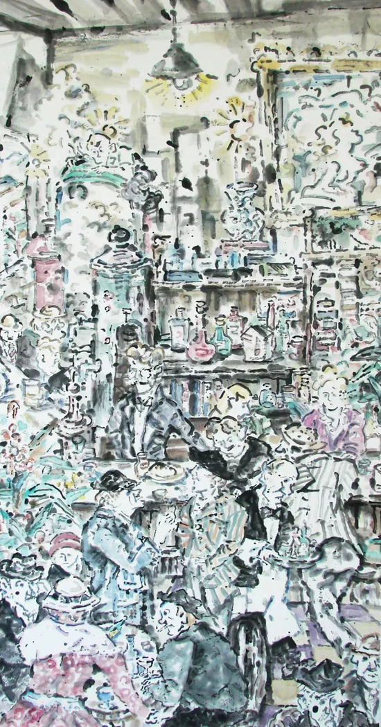 赵盼超《景—人：城市系列一》，水墨，138×69cm
