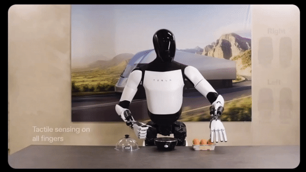 “擎天柱”二代展示手拿鸡蛋的本领。来源：特斯拉官网