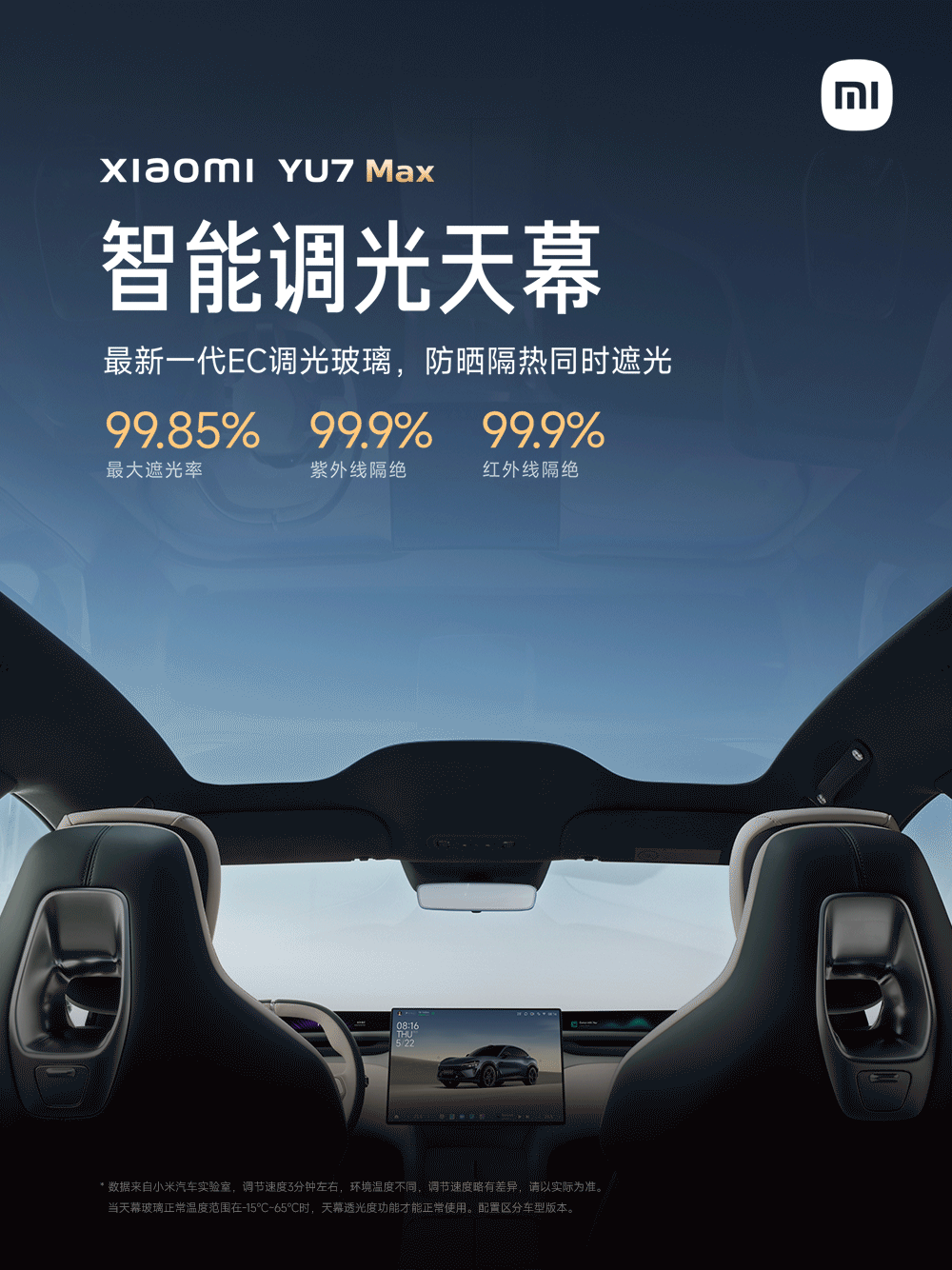 防晒隔热同时遮光：小米 YU7 Max 版车型标配智能调光天幕