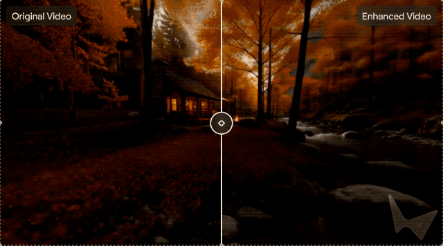 ▲增强后的视频能够清除画面瑕疵,并为场景加入动态效果。注意烟囱上方的烟雾、跳动的火焰,以及流动的水面。