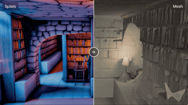 ▲ Marble 可以将生成的世界导出为高斯点云或三角网格模型。