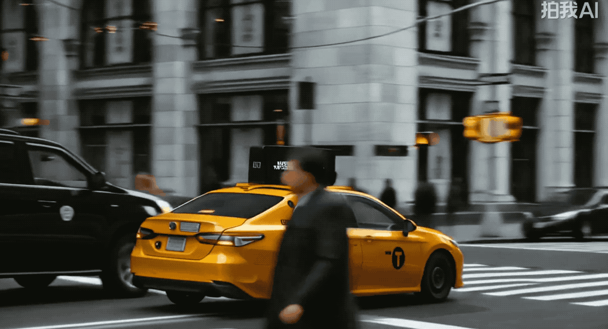 提示词：出租车在城市街道里前行，渐渐消失在画面中。