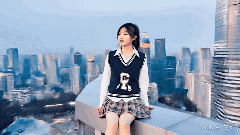 ▲组合公式：@背后视角@活力少女坐在摩天大楼边缘，@无人机拉远，@全景展现@南京城市天际线和@敬畏崇高氛围