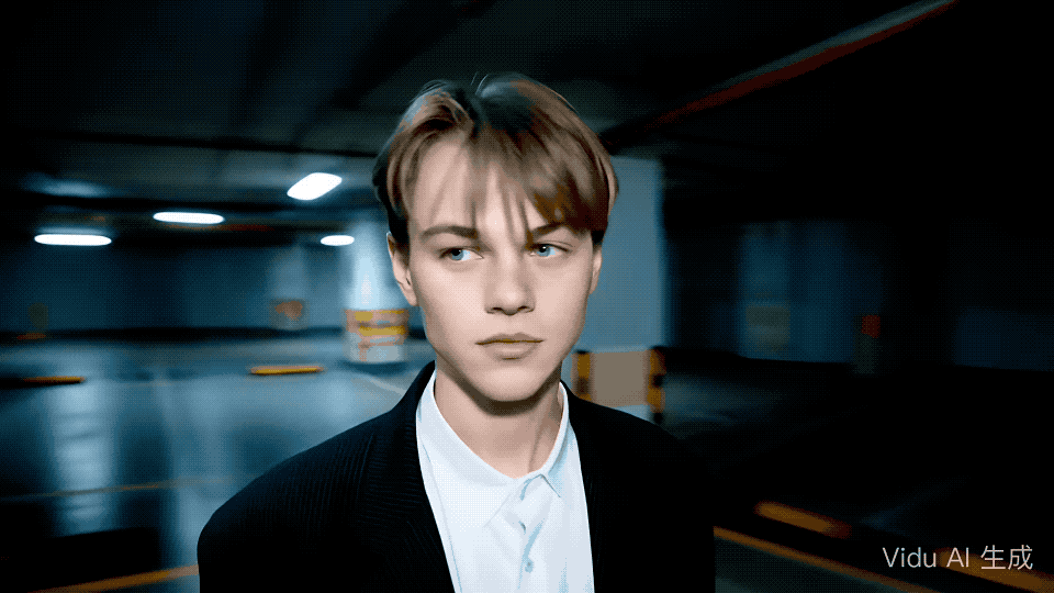 ▲组合公式：@紧张压抑氛围，@小李子站在@停车场，镜头先@360度展示，再拉远到@全景展示空荡荡的停车场