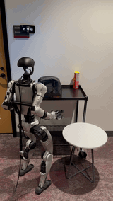 图 8 Ψ₀ 展示的真机任务：抽出薯片筒，扔垃圾，双手抱物下蹲