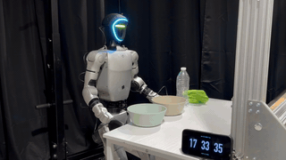 图 5 Ψ₀ 展示的真机任务，转身倒水、擦碗、叠碗