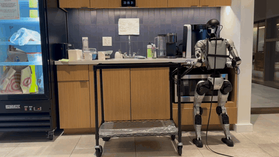 图 4 Ψ₀ 展示的真机技能：倒水、握住把手、推车一气呵成