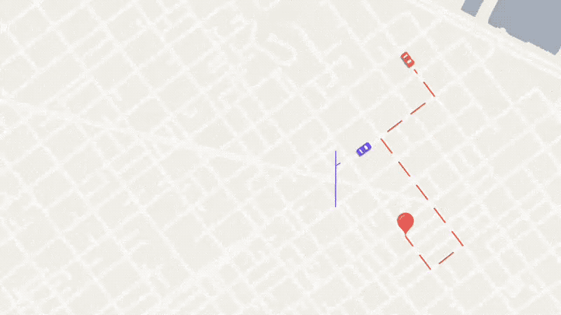 地图实时更新示意（蓝车：装载了感应器的车队车辆，红车：自动驾驶车辆）