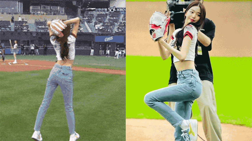 张元英为棒球比赛开球 运动装秀长腿青春元气