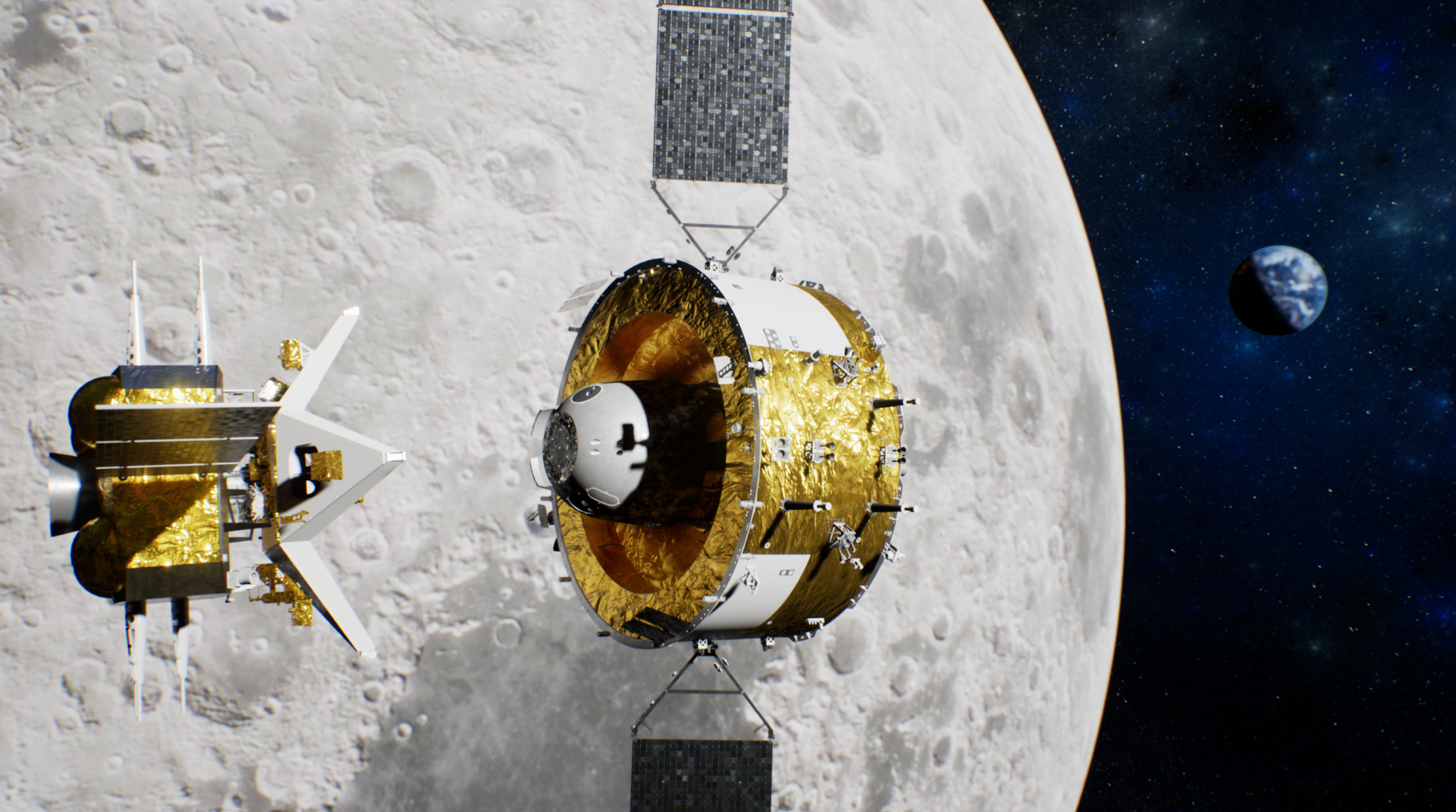 嫦娥五号上升器与轨道器返回器组合体交会对接效果图，将把月球样品转移到返回器内。图/中国航天科技集团八院