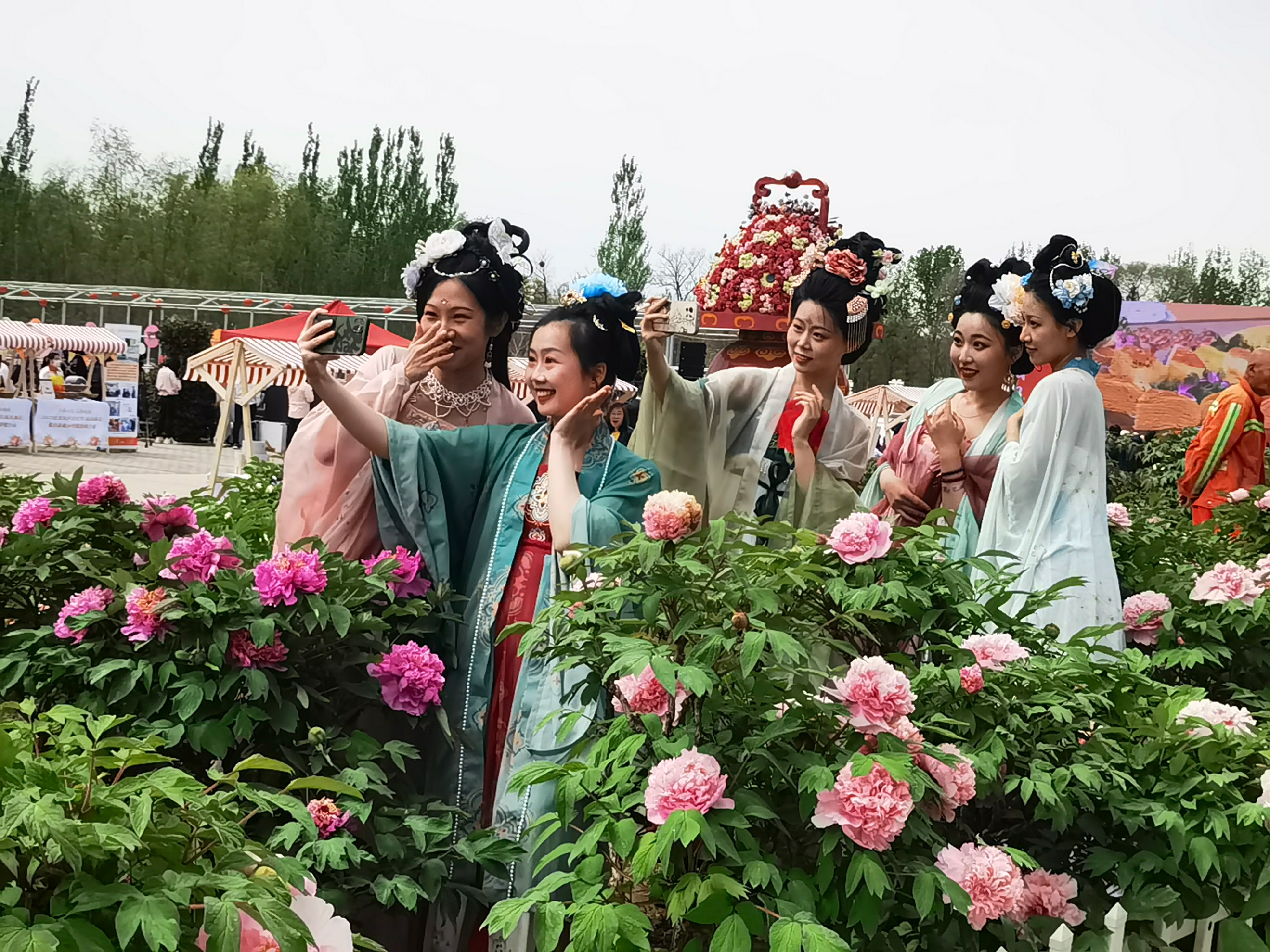 2023年牡丹文化节上，观赏者身着古代服饰在花丛中拍照打卡。受访者供图