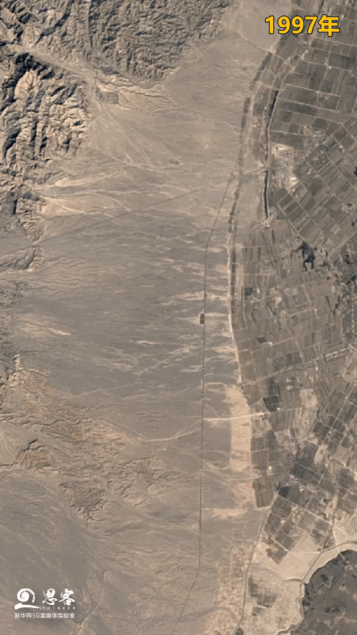 ▲1997-2020年时序卫星影像清晰记录下闽宁镇从戈壁荒滩到塞上小镇的变迁。