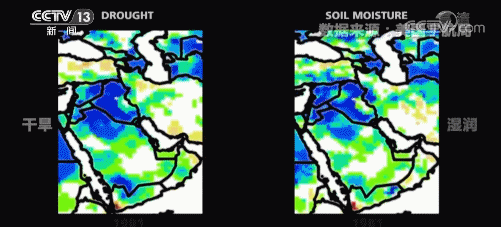 △1982年至2015年间，中东地区干旱与土壤湿度情况的对比变化图。