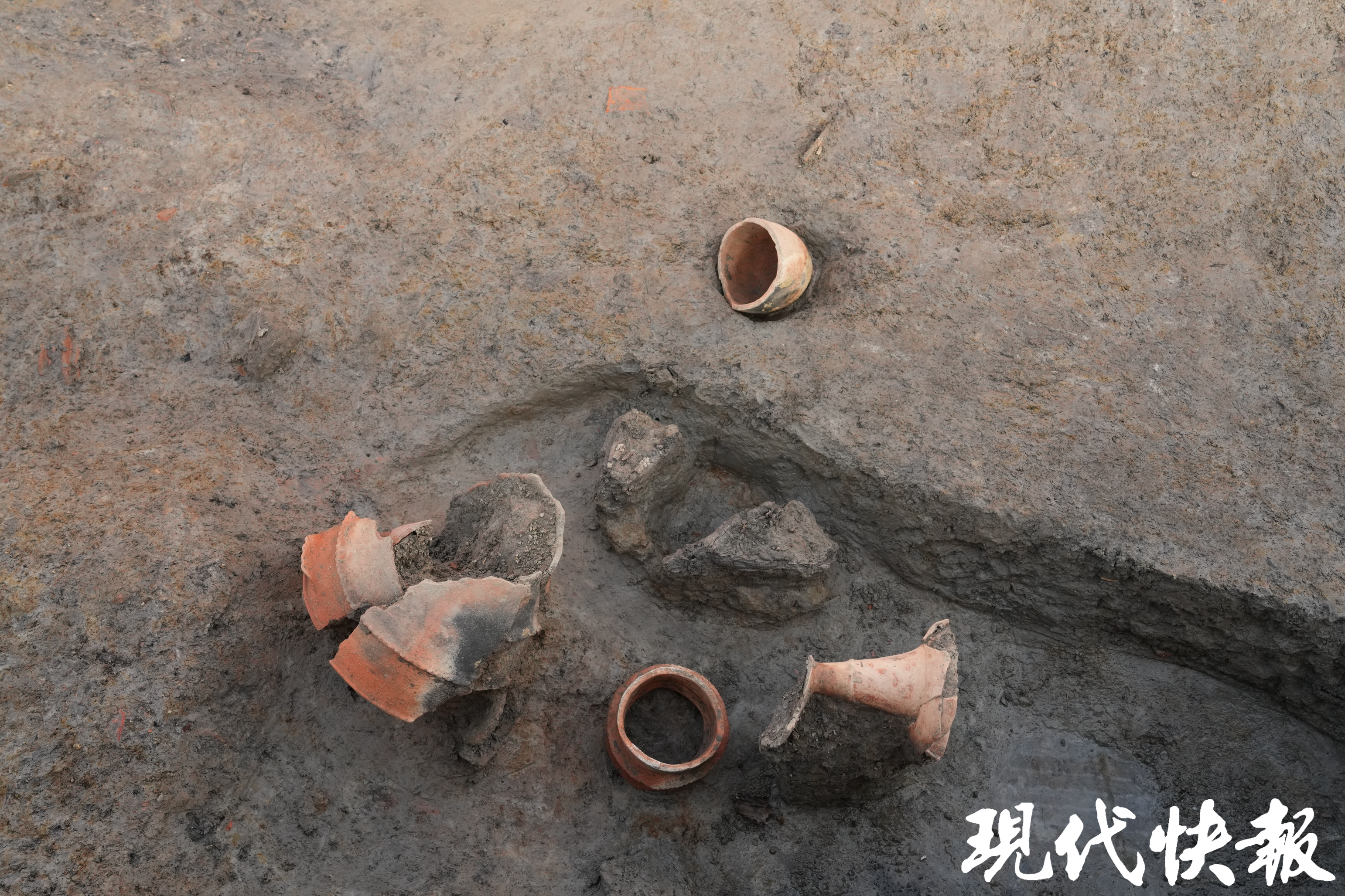 遗址南部TG10中的内墙外壕出土马家浜文化陶器和猪下颌骨