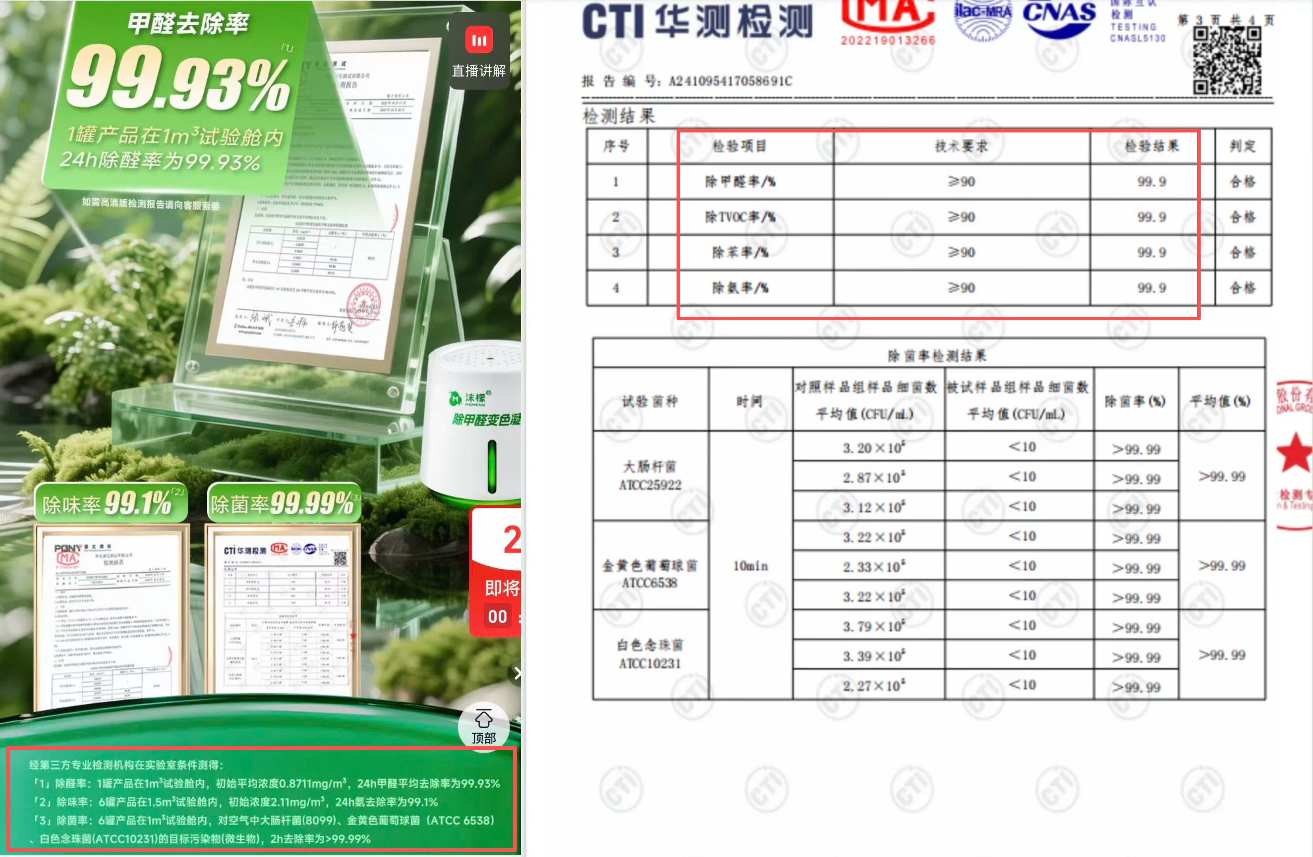 沫檬官方旗舰店用小字展示高除醛率等结论的实验条件，客服提供的检测报告中亦未显示实验条件。